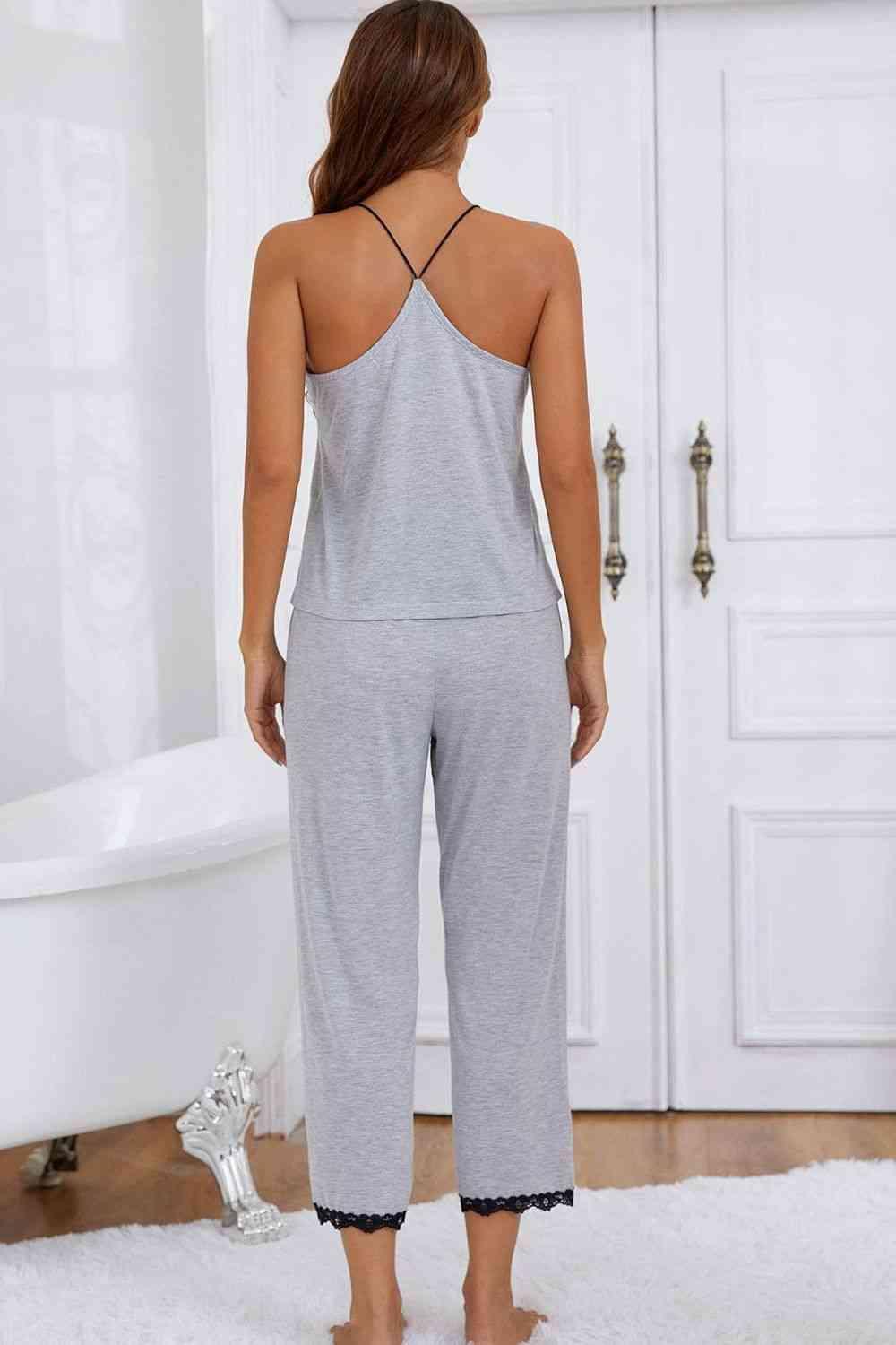 Halter Neck Cami and Lace Trim Pajama Set - Immenzive