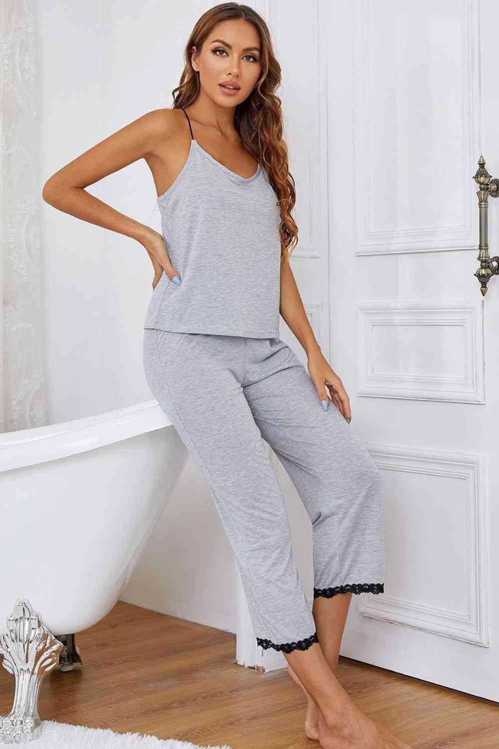 Halter Neck Cami and Lace Trim Pajama Set - Immenzive