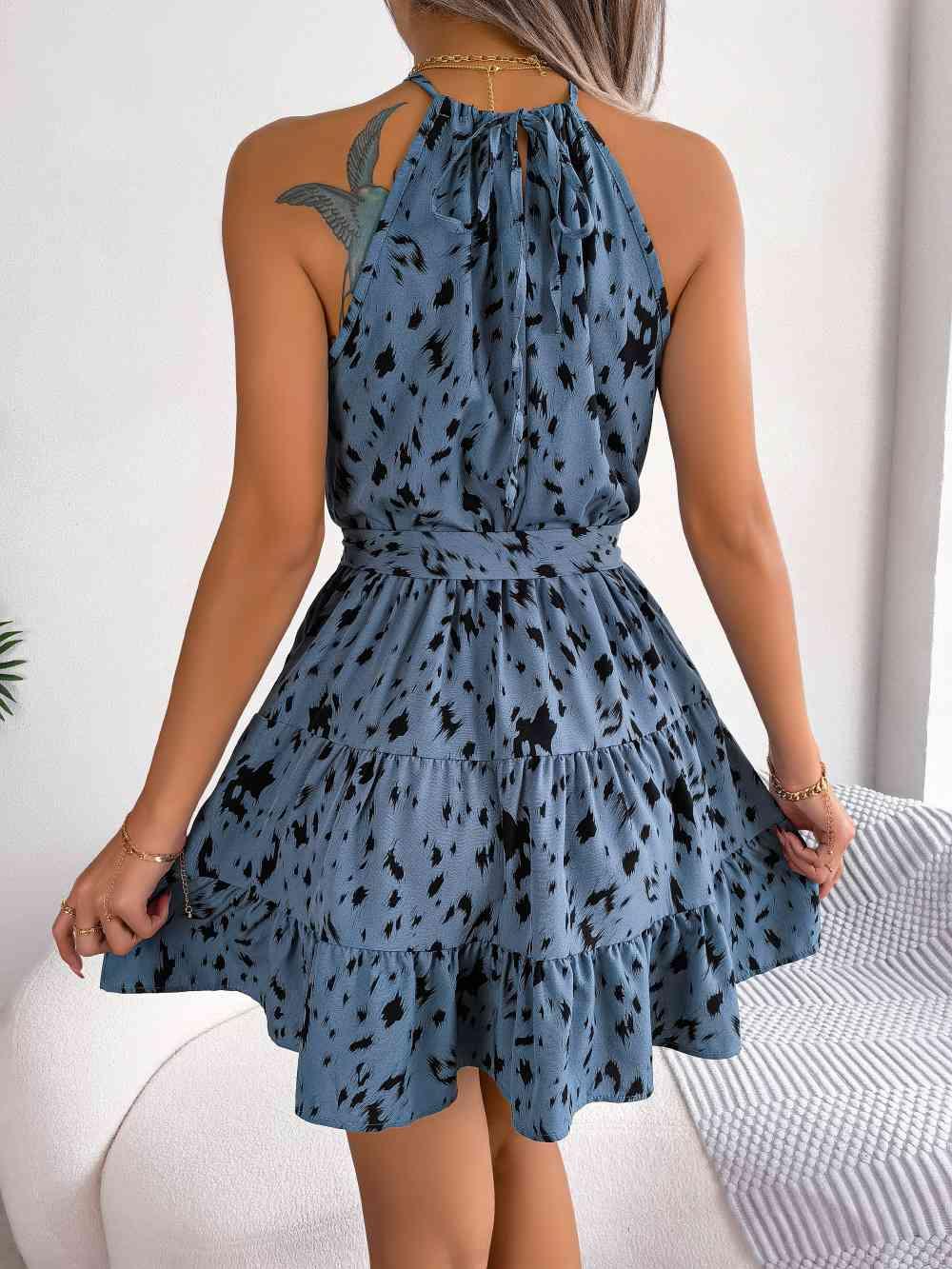 Halter Neck Printed Tie Waist Sleeveless Mini Dress - Immenzive