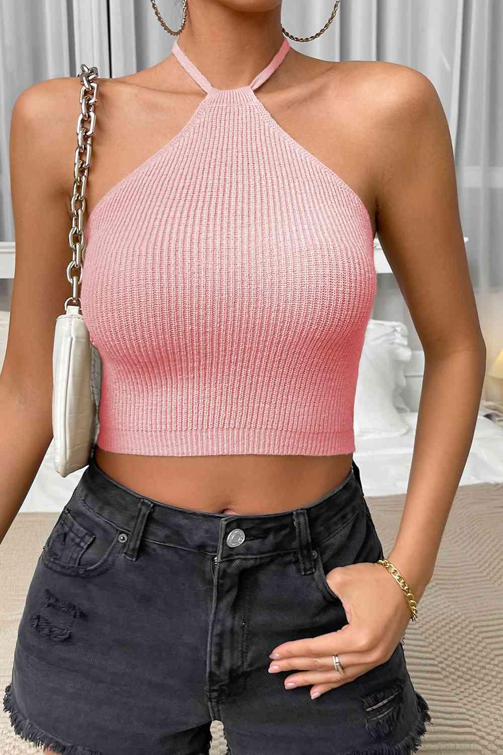 Halter Neck Ribbed Cropped Knit Top - Immenzive