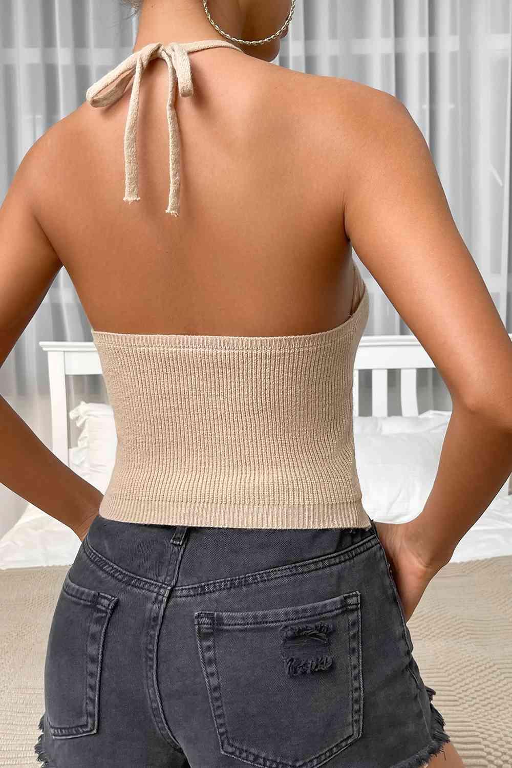 Halter Neck Ribbed Cropped Knit Top - Immenzive