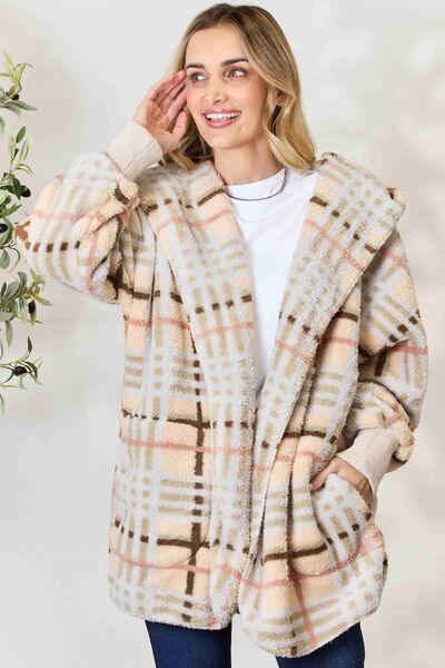 H&T Checked Faux Fur Hooded Jacket - Immenzive