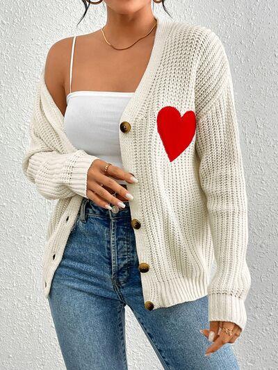 Heart Button Up Dropped Shoulder Cardigan - Immenzive