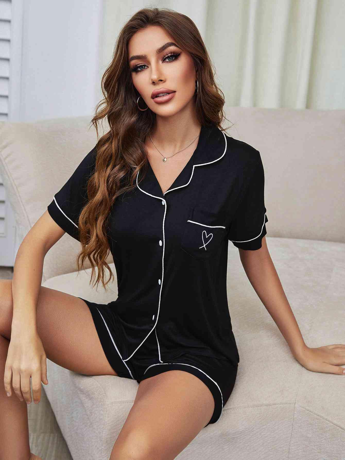 Heart Graphic Contrast Piping Top and Shorts Pajama Set - Immenzive