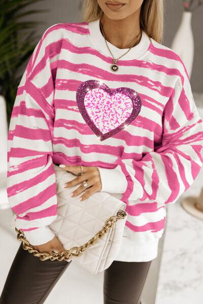 Heart Sequin Striped Dropped Shoulder Sweatshirt - Immenzive