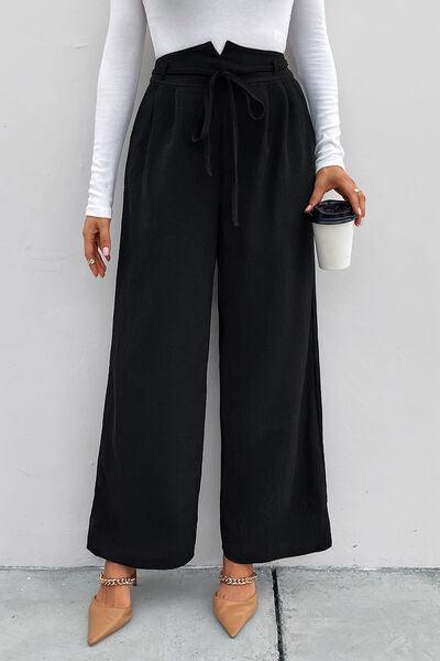 High Waist Ruched Tie Front Wide Leg Pants - Immenzive