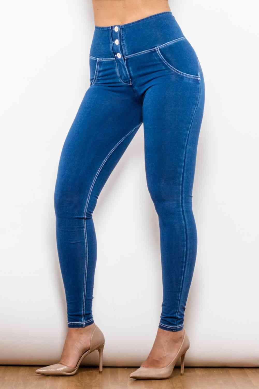 High Waist Skinny Buttoned Long Jeans - Immenzive