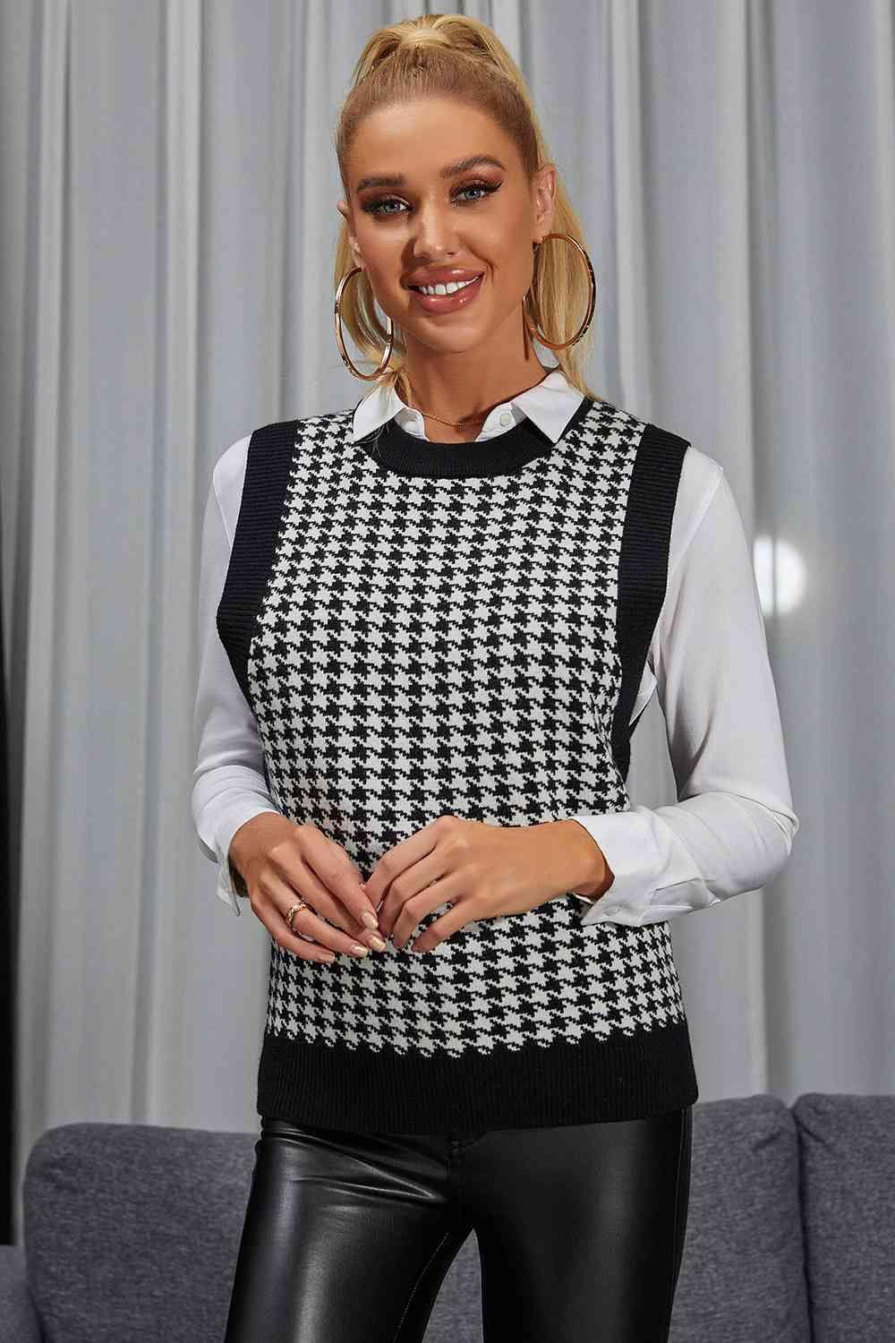 Houndstooth Round Neck Sweater Vest - Immenzive