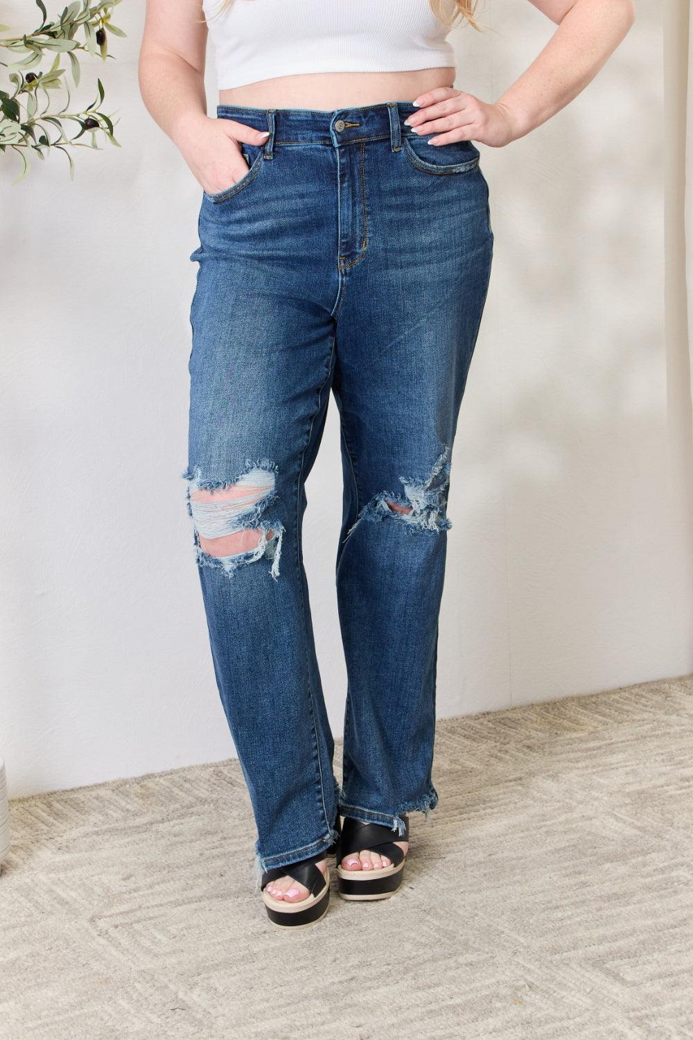 Judy Blue Full Size High Waist 90's Distressed Straight Jeans - Immenzive