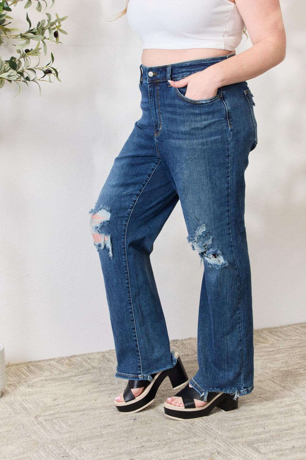Judy Blue Full Size High Waist 90's Distressed Straight Jeans - Immenzive