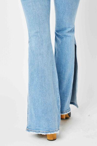 Judy Blue Full Size Mid Rise Raw Hem Slit Flare Jeans - Immenzive