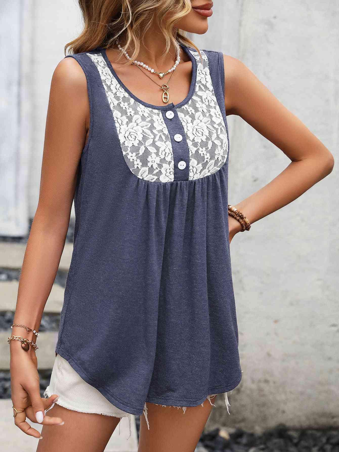 Lace Contrast Scoop Neck Tank - Immenzive