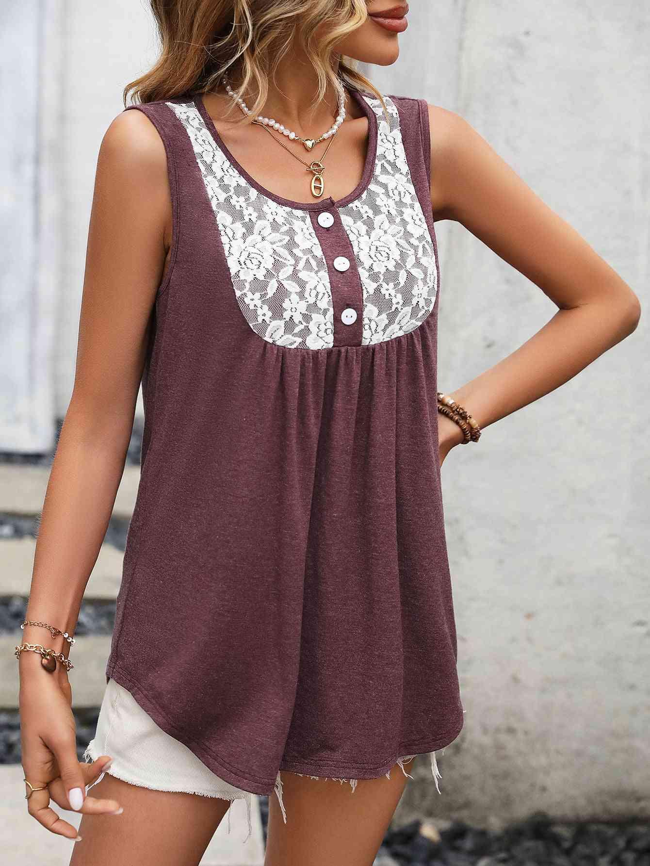 Lace Contrast Scoop Neck Tank - Immenzive