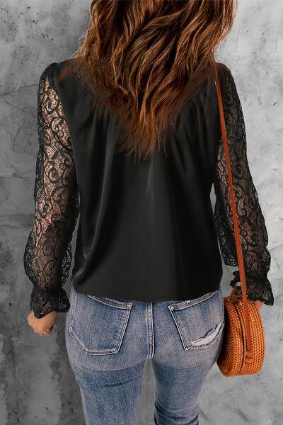 Lace Detail Mock Neck Flounce Sleeve Blouse - Immenzive