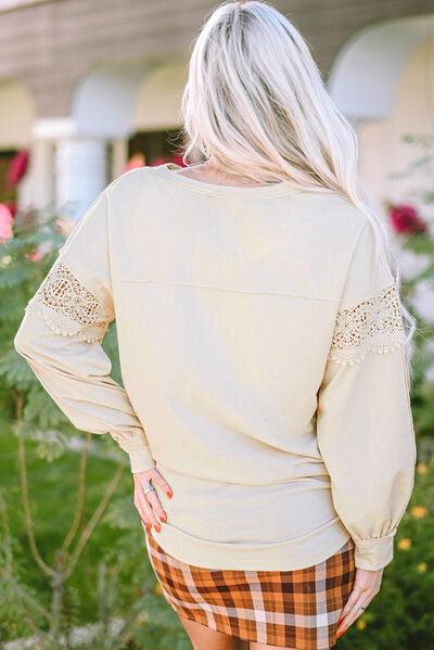 Lace Detail Notched Long Sleeve Sweatshirt - Immenzive