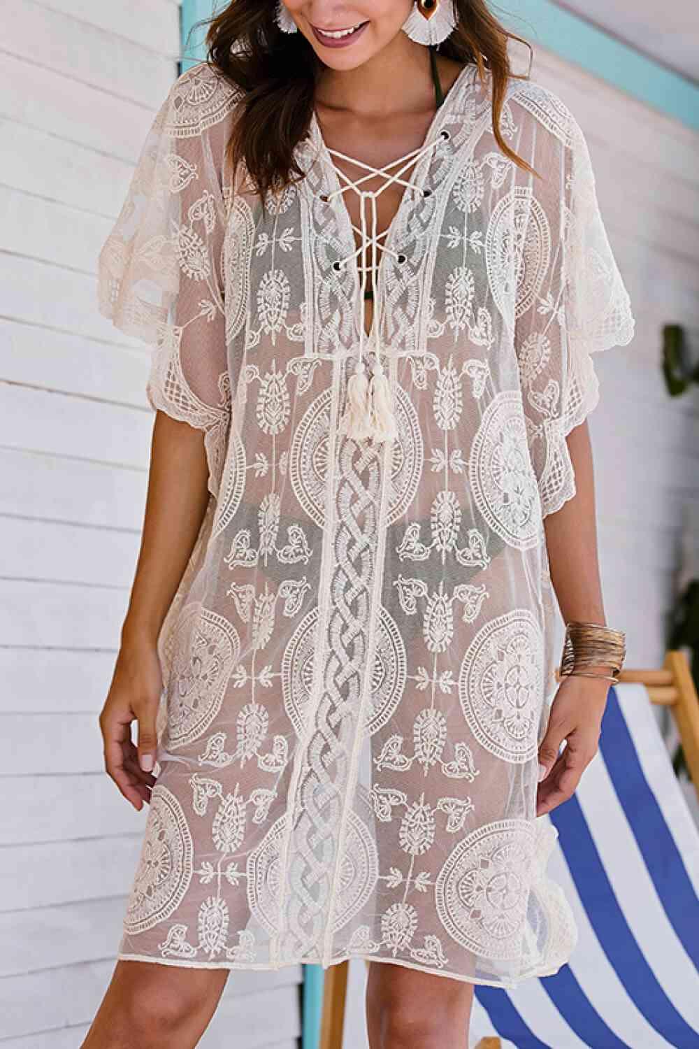 Lace-Up Sheer Cover Up - Immenzive