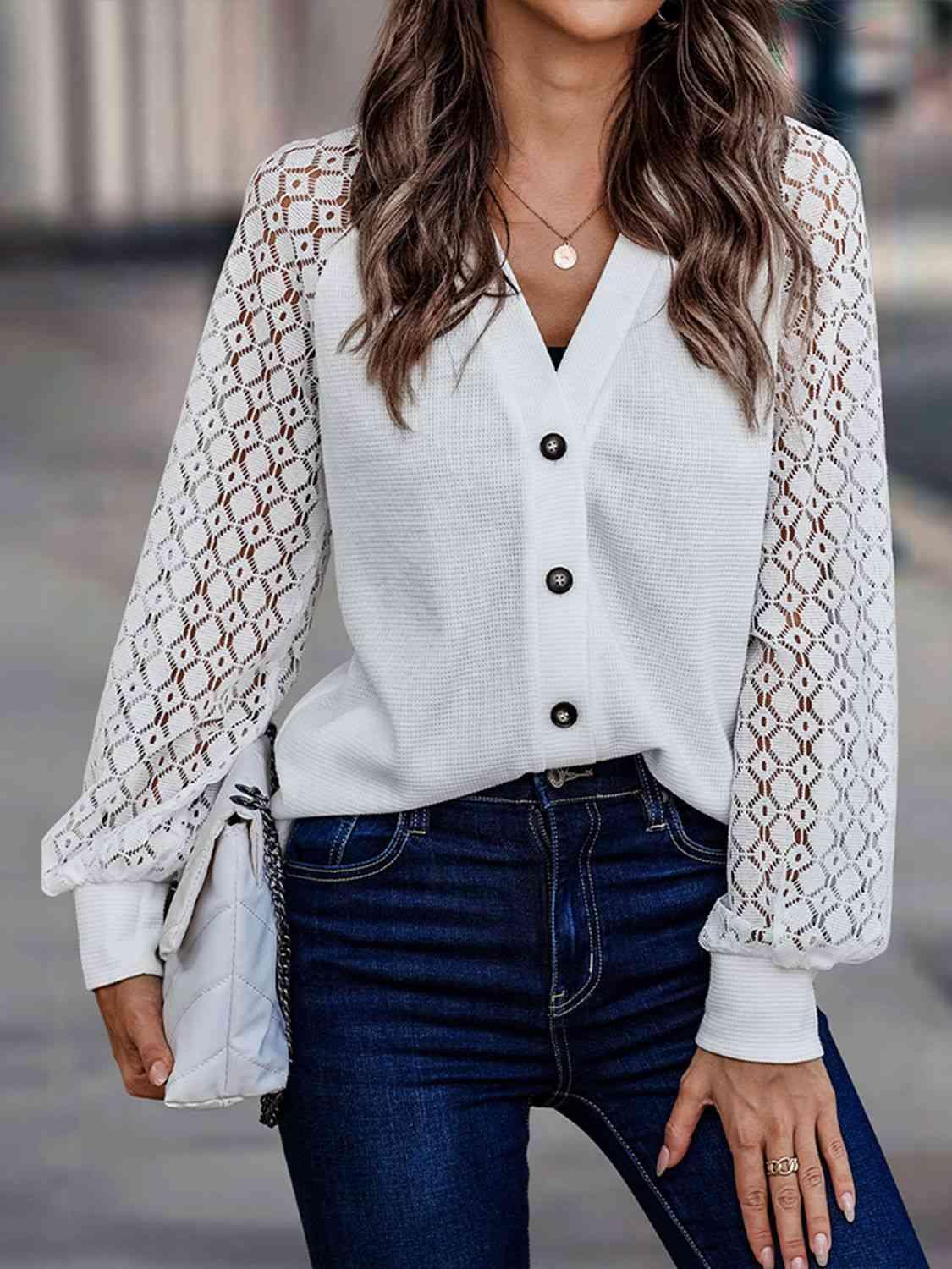 Lantern Sleeve V-Neck Button-Down Cardigan - Immenzive