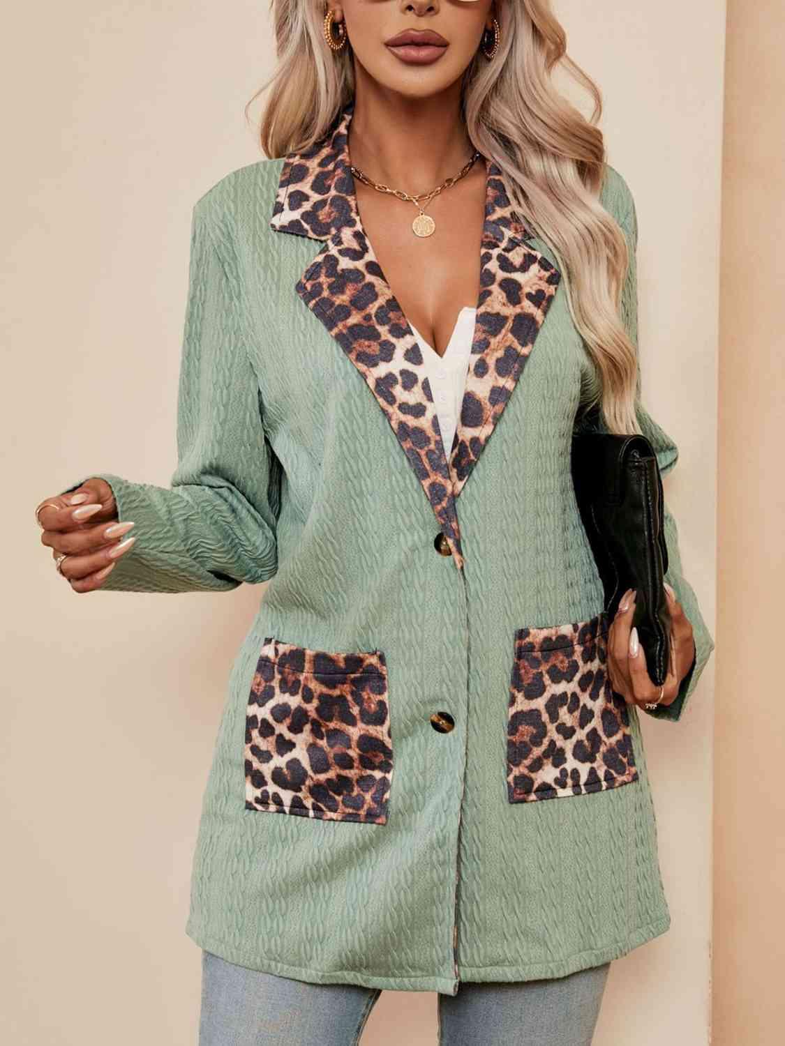 Leopard Buttoned Lapel Collar Blazer with Pockets - Immenzive