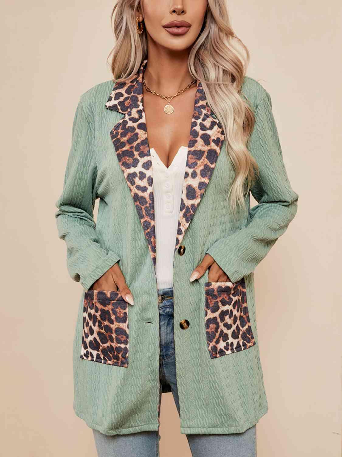 Leopard Buttoned Lapel Collar Blazer with Pockets - Immenzive