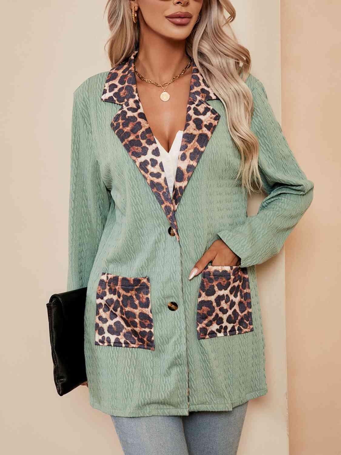 Leopard Buttoned Lapel Collar Blazer with Pockets - Immenzive