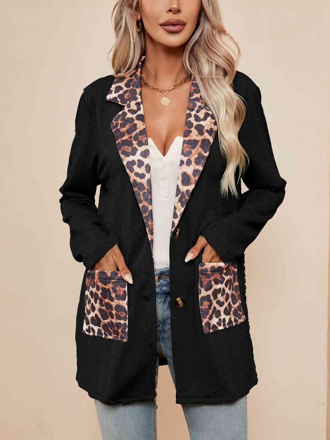 Leopard Buttoned Lapel Collar Blazer with Pockets - Immenzive