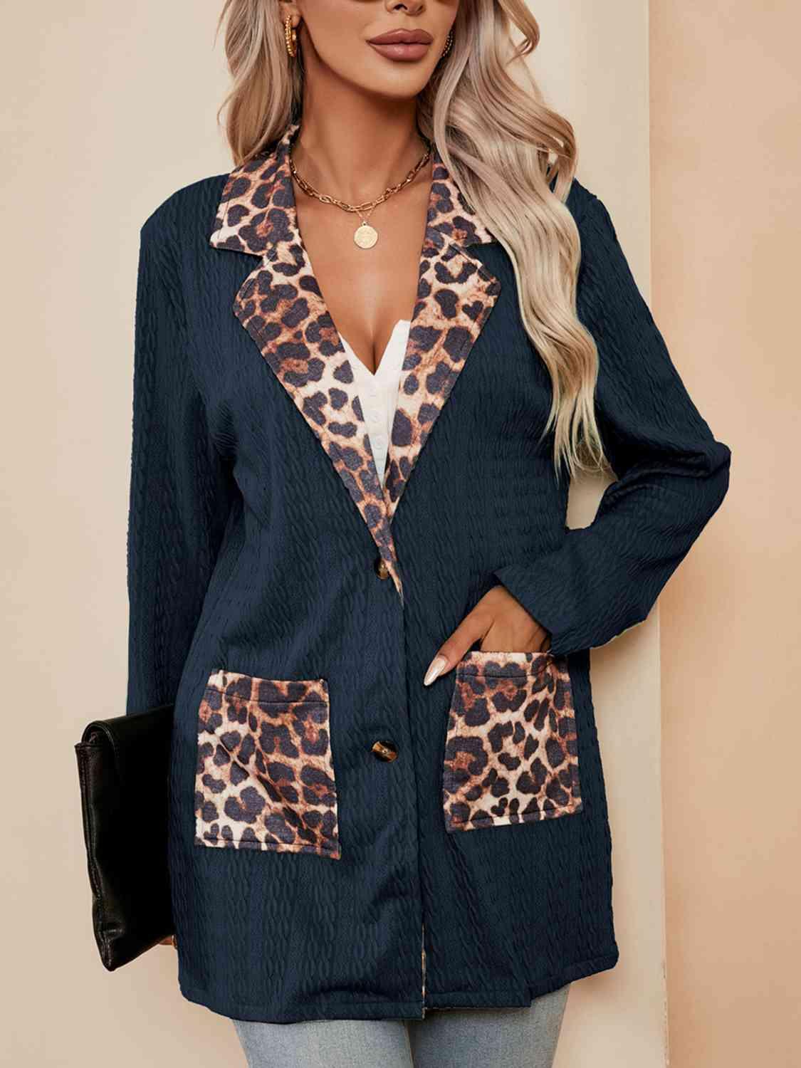 Leopard Buttoned Lapel Collar Blazer with Pockets - Immenzive