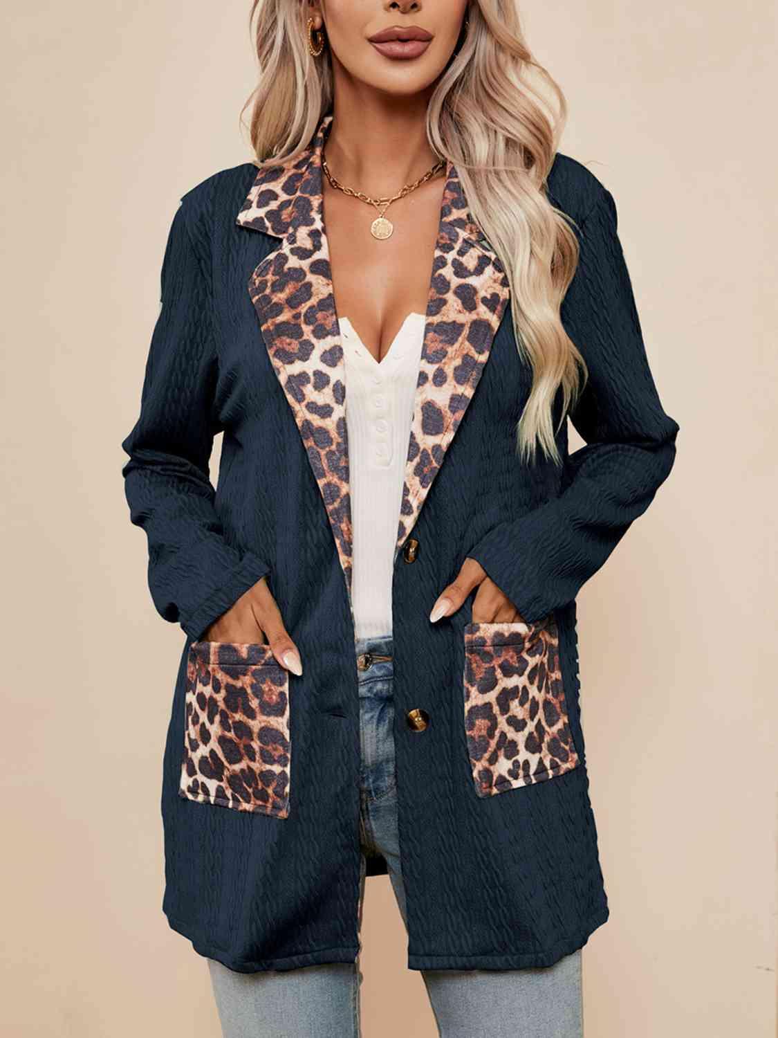 Leopard Buttoned Lapel Collar Blazer with Pockets - Immenzive