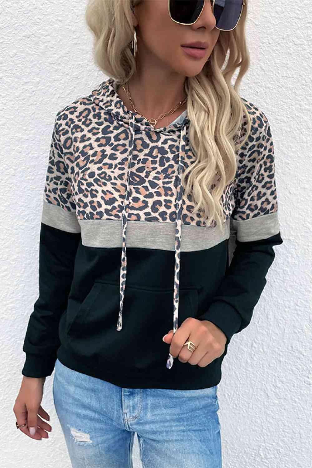 Leopard Color Block Long Sleeve Drawstring Hoodie - Immenzive