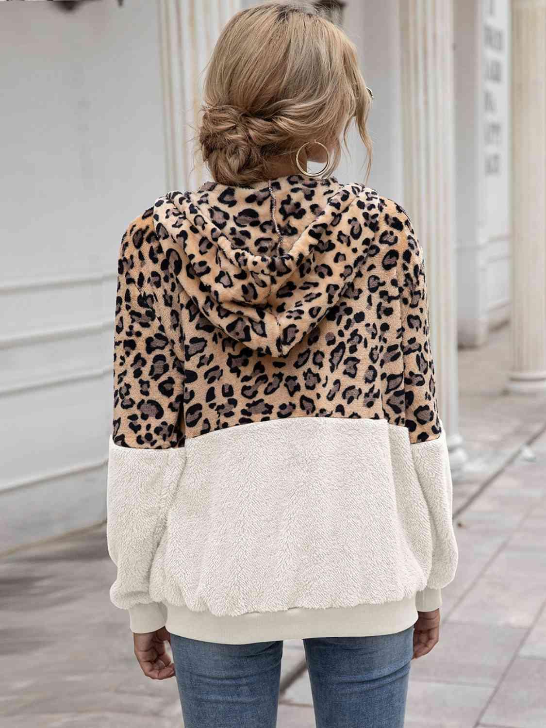 Leopard Drawstring Hooded Long Sleeve Outerwear - Immenzive