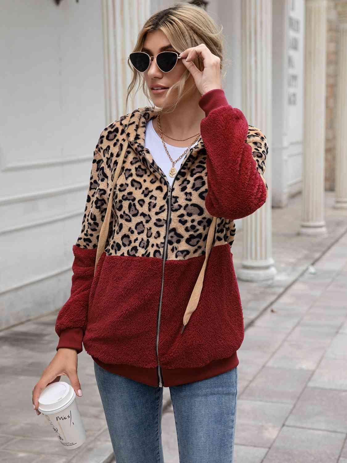Leopard Drawstring Hooded Long Sleeve Outerwear - Immenzive