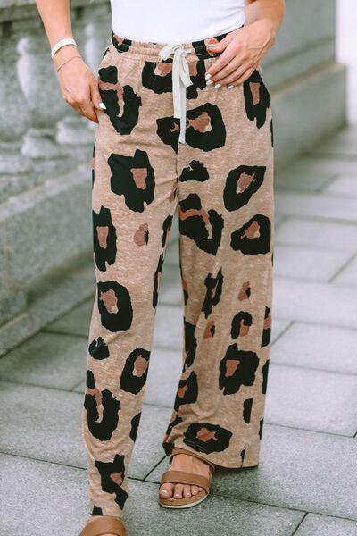 Leopard Drawstring Wide Leg Pants with Pockets - Immenzive