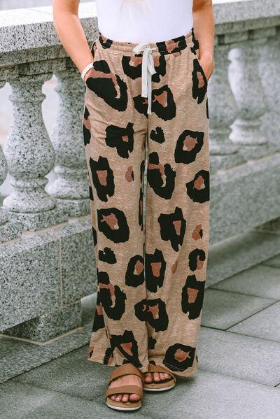 Leopard Drawstring Wide Leg Pants with Pockets - Immenzive