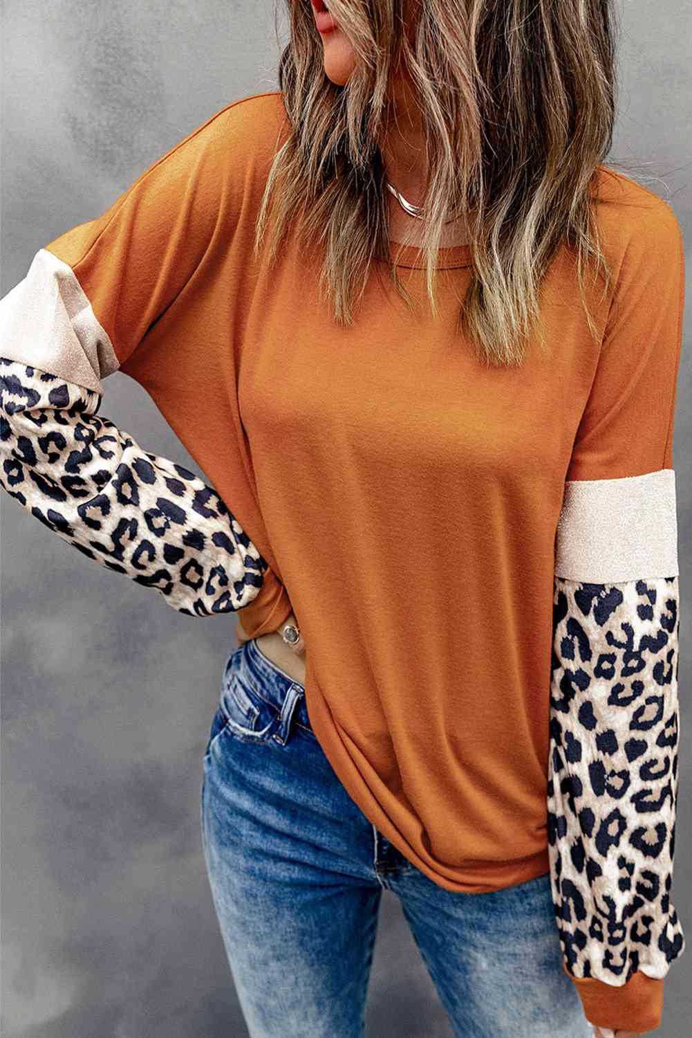 Leopard Long Sleeve Round Neck Sweatshirt - Immenzive