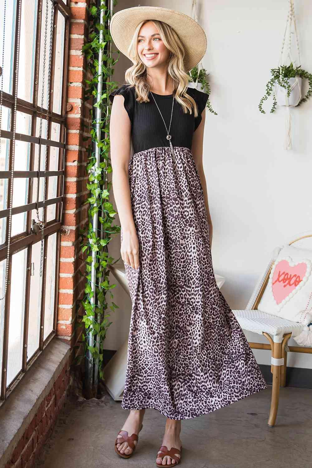 Leopard Print Round Neck Maxi Dress with Pockets - Immenzive