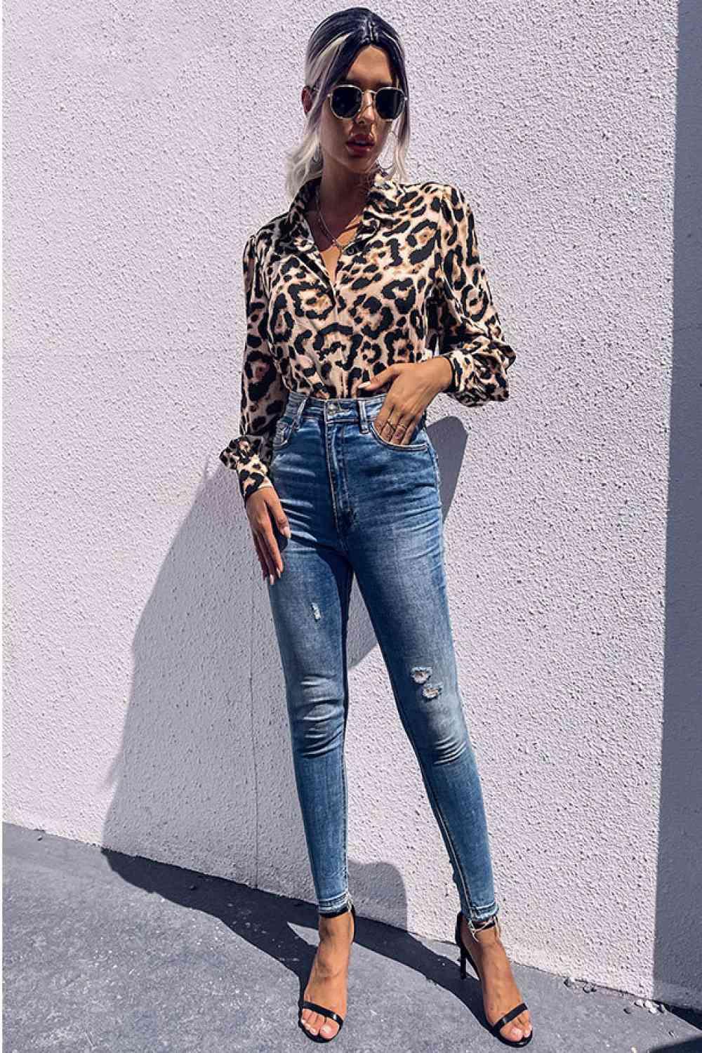 Leopard Printed Button Down Blouse - Immenzive