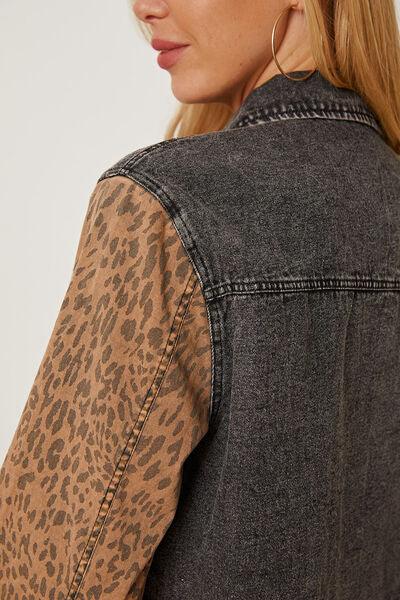 Leopard Raw Hem Pocketed Denim Jacket - Immenzive