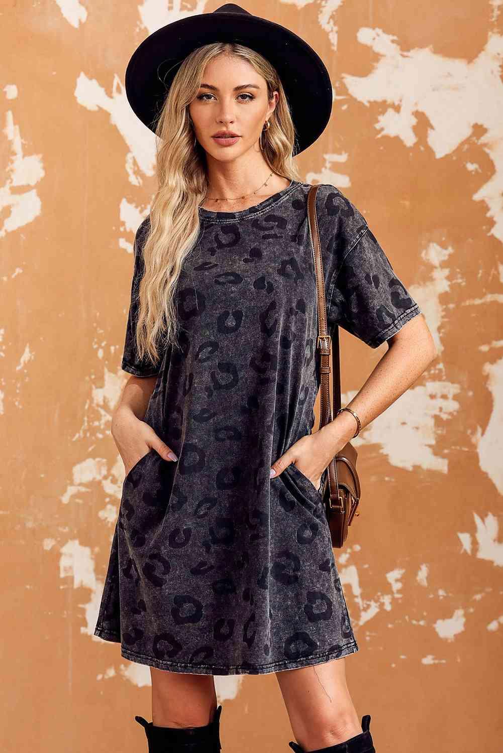 Leopard Round Neck Dropped Shoulder Dress with Pockets - Immenzive