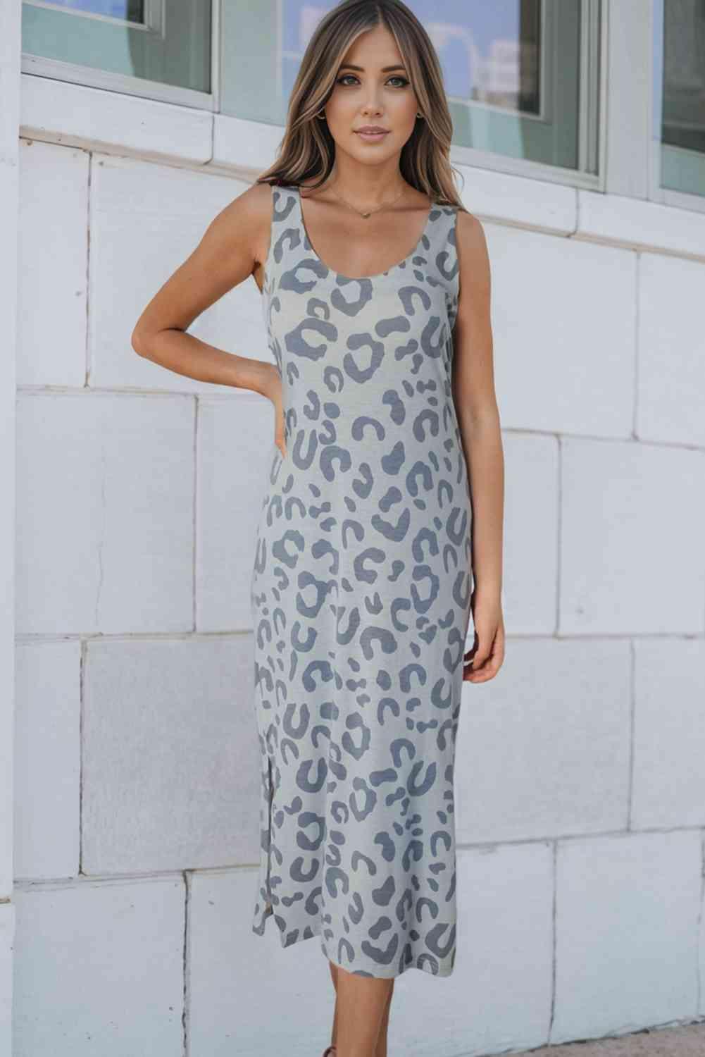 Leopard Sleeveless Slit Midi Dress - Immenzive