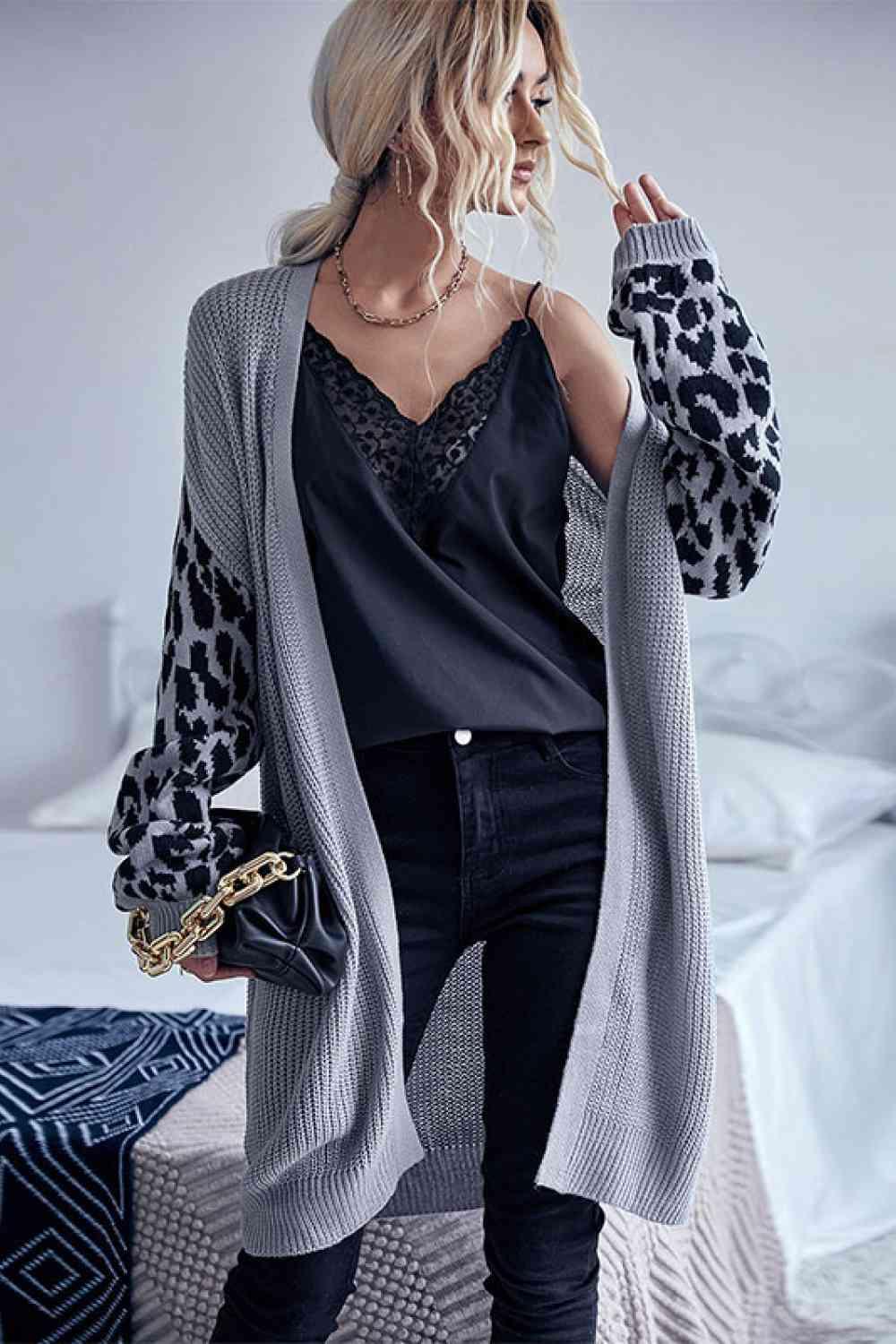 Leopard Sleeves Waffle Knit Open Front Cardigan - Immenzive