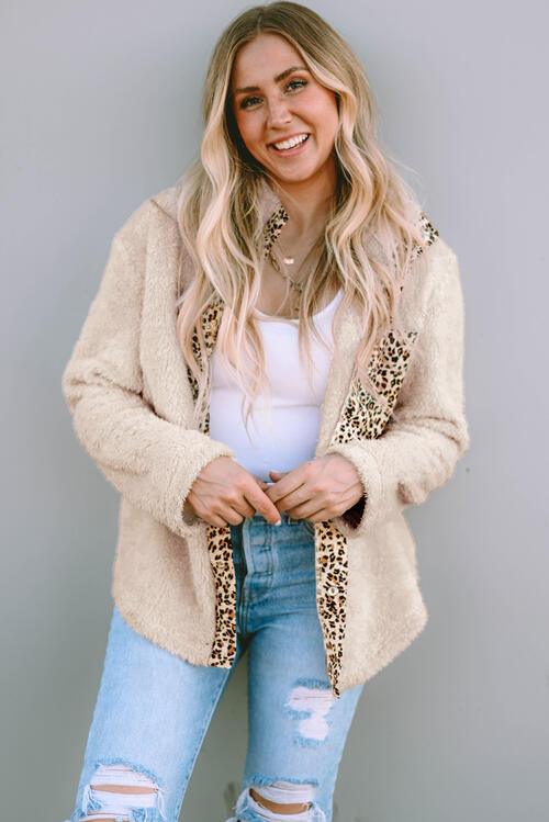 Leopard Snap Down Pocketed Collared Neck Jacket - Immenzive