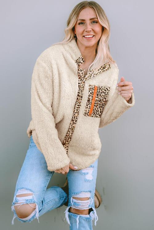 Leopard Snap Down Pocketed Collared Neck Jacket - Immenzive