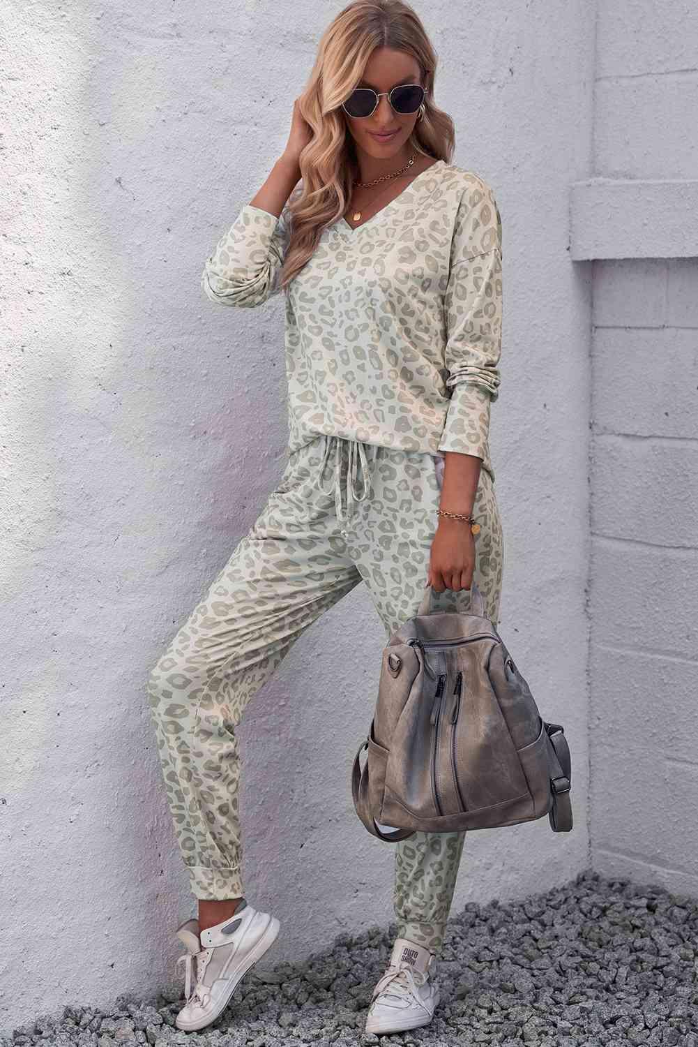 Leopard V-Neck Top and Drawstring Joggers Lounge Set - Immenzive