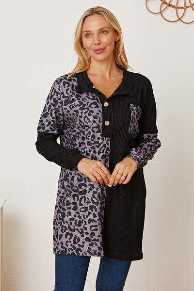 Leopard Waffle-Knit Buttoned Long Sleeve Blouse - Immenzive