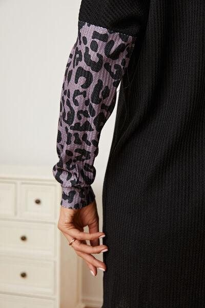 Leopard Waffle-Knit Buttoned Long Sleeve Blouse - Immenzive
