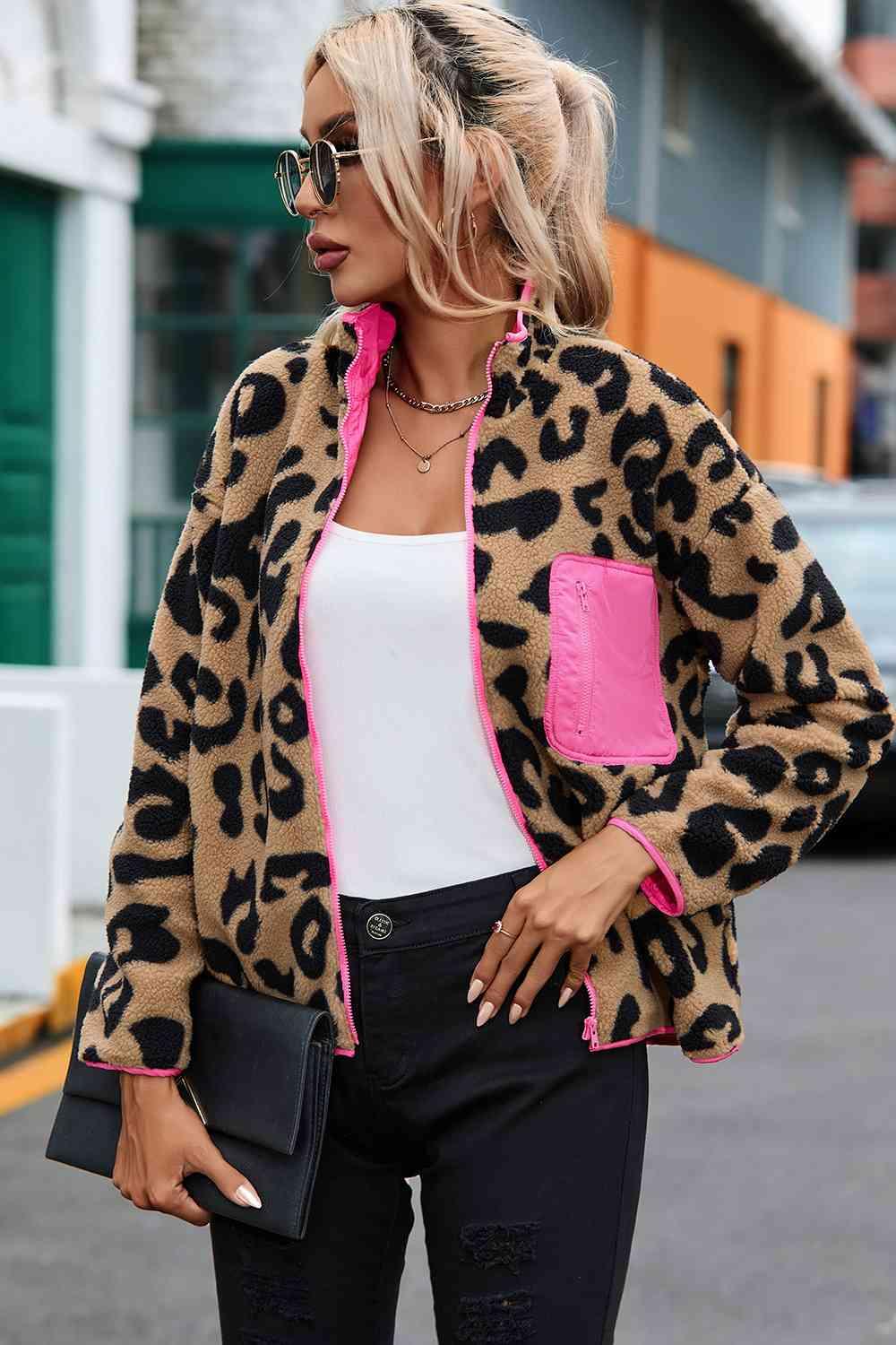 Leopard Zip-Up Dropped Shoulder Jacket - Immenzive