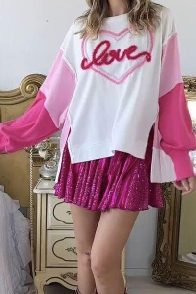 LOVE Slit Color Block Round Neck Sweatshirt - Immenzive