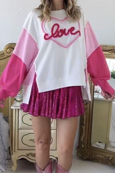 LOVE Slit Color Block Round Neck Sweatshirt - Immenzive