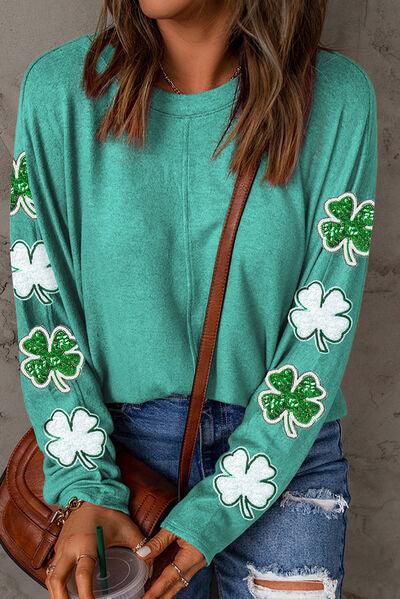 Lucky Clover Sequin Round Neck Sweatshirt - Immenzive