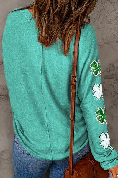 Lucky Clover Sequin Round Neck Sweatshirt - Immenzive