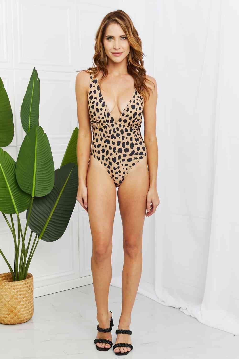 Marina West Swim Beachy Keen Full Size V-Neck Front Tie One-Piece Swimsuit in Leopard - Immenzive
